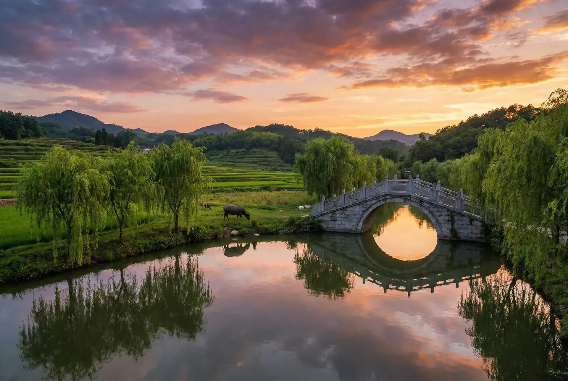 夕阳下的石拱桥与垂柳，水牛在河边吃草 - 一茎深 乡村美景